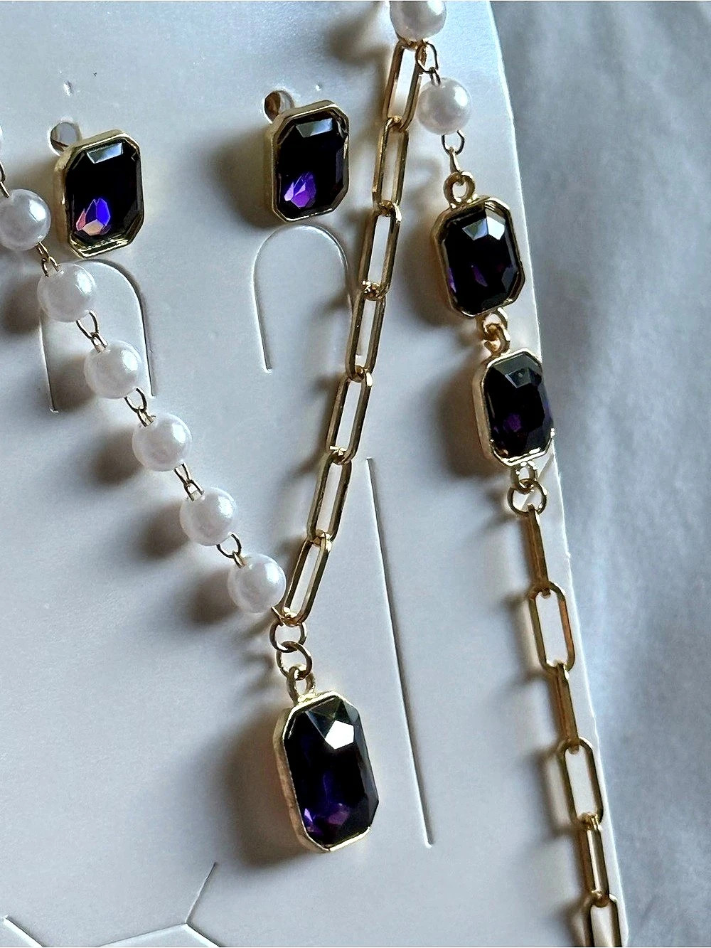 Fashion Jewelry Gold Pearl Necklace Earrings Bracelet Set Dark Purple Gems NWT